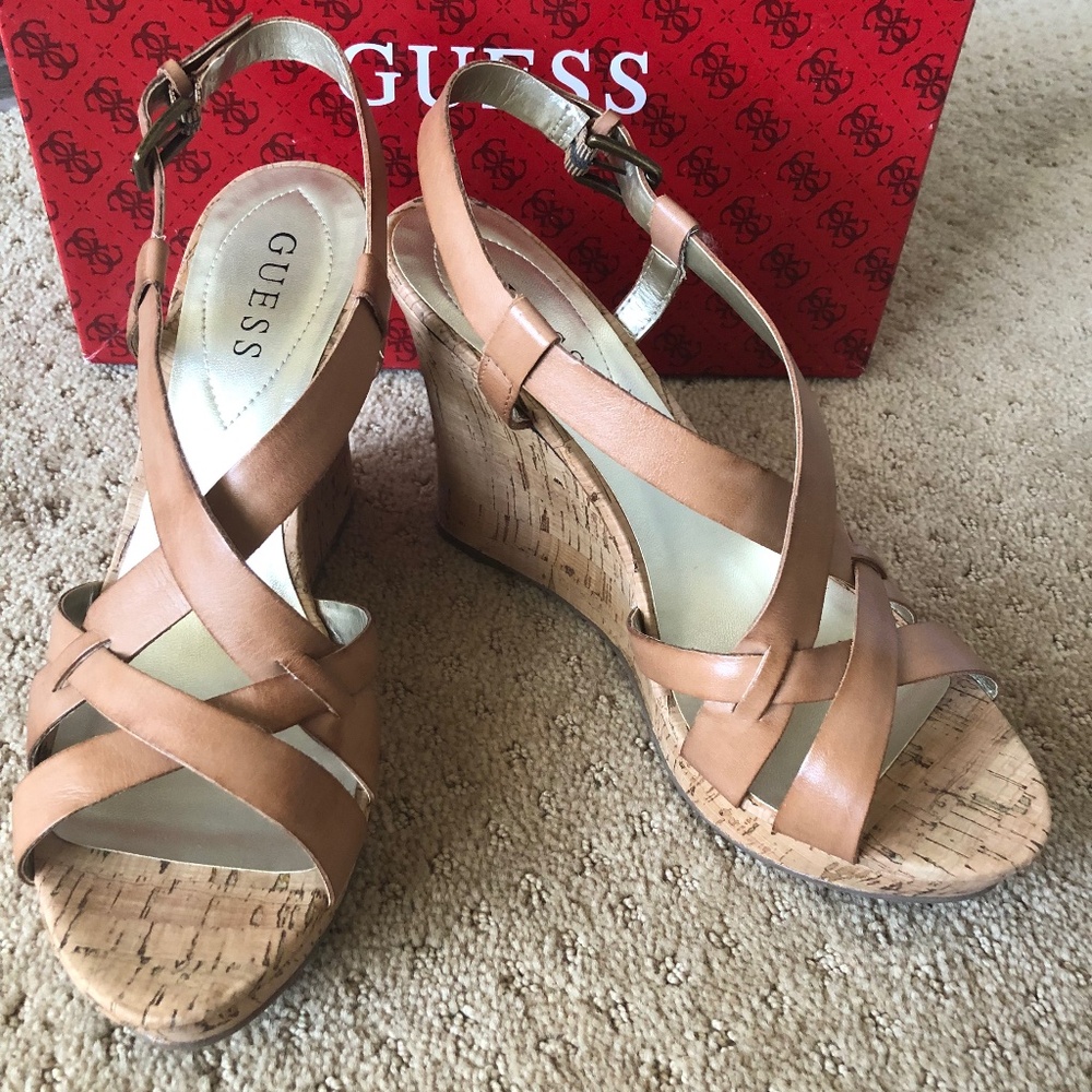 GUESS NATURAL LEATHER  WEDGE SANDALS, NEW IN BOX, SIZE 8-1/2